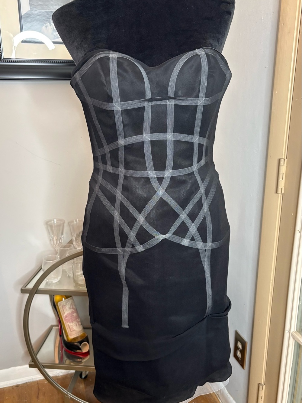 Alex Teih Sophisticated Strapless Black Dress with Gray Contrast Piping